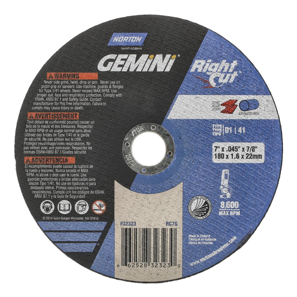 Norton 7 x 0.045 in Gemini Type 41 Cut-Off Wheel AO 60 Grit V, 25-Pack