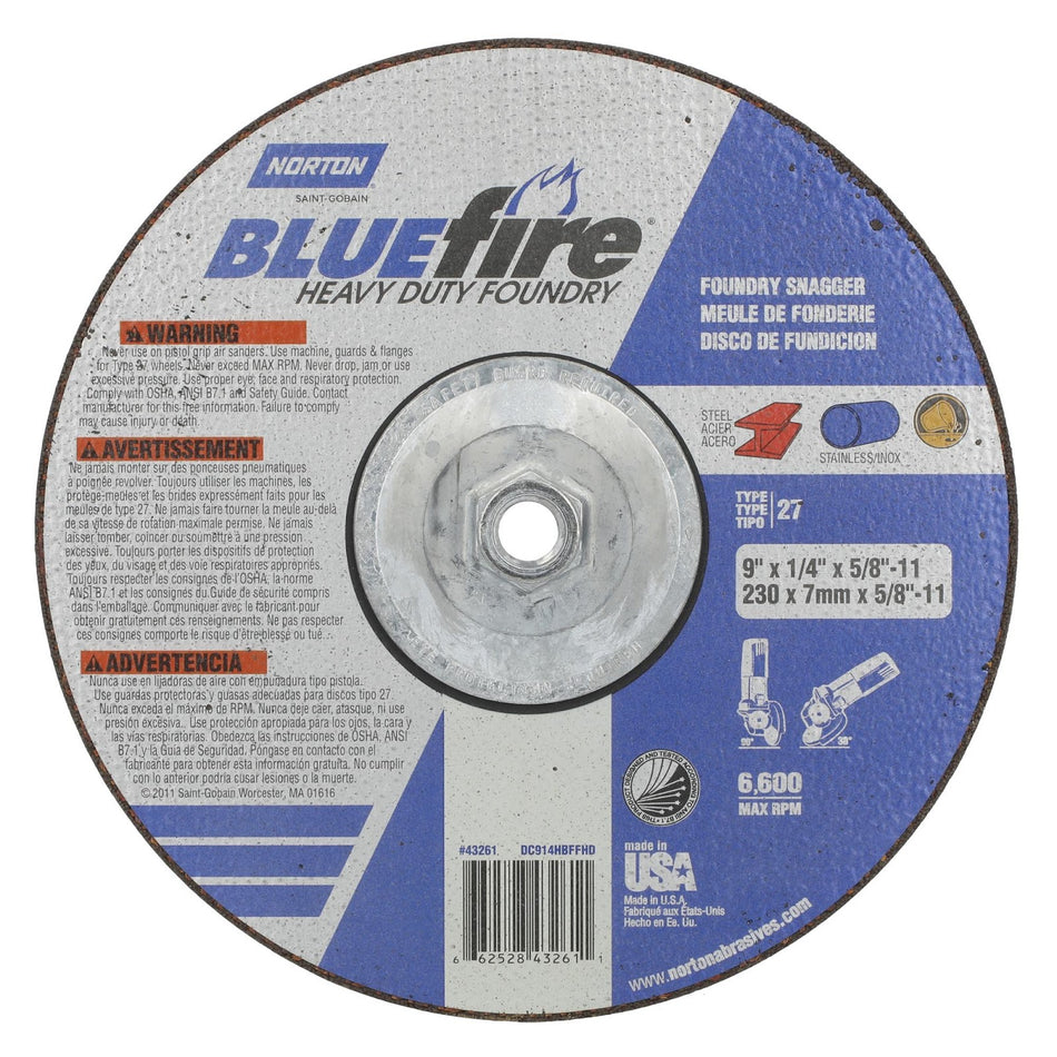 Norton 9 in x 1/4 in x 5/8 in-11 BlueFire Type 27 Grinding Wheel ZA/SC 20 Grit T, 10-Pack