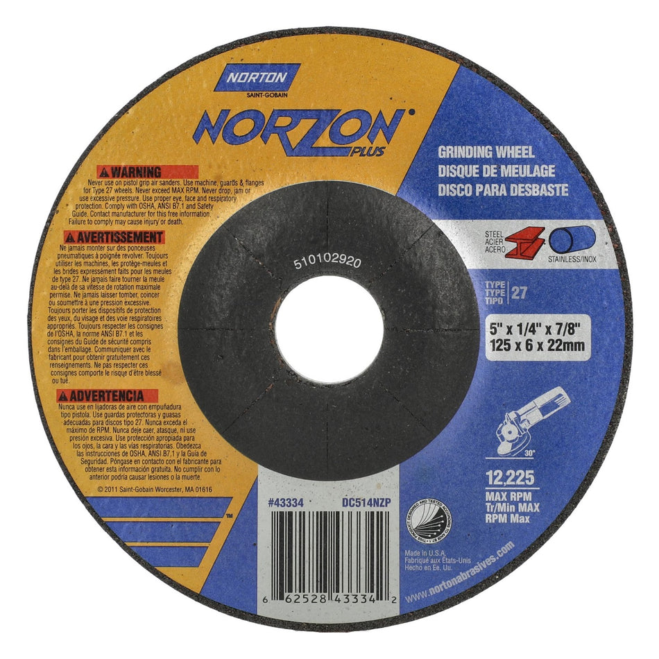 Norton 5 x 1/4 x 7/8 in NorZon Plus Type 27 Grinding Wheel CA 20 Grit Q, 25-Pack