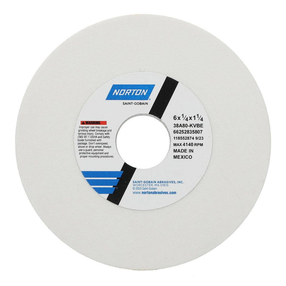 Norton 6 x 1/4 x 1-1/4 in Type 01 Toolroom Wheel 38A 80 K VBE