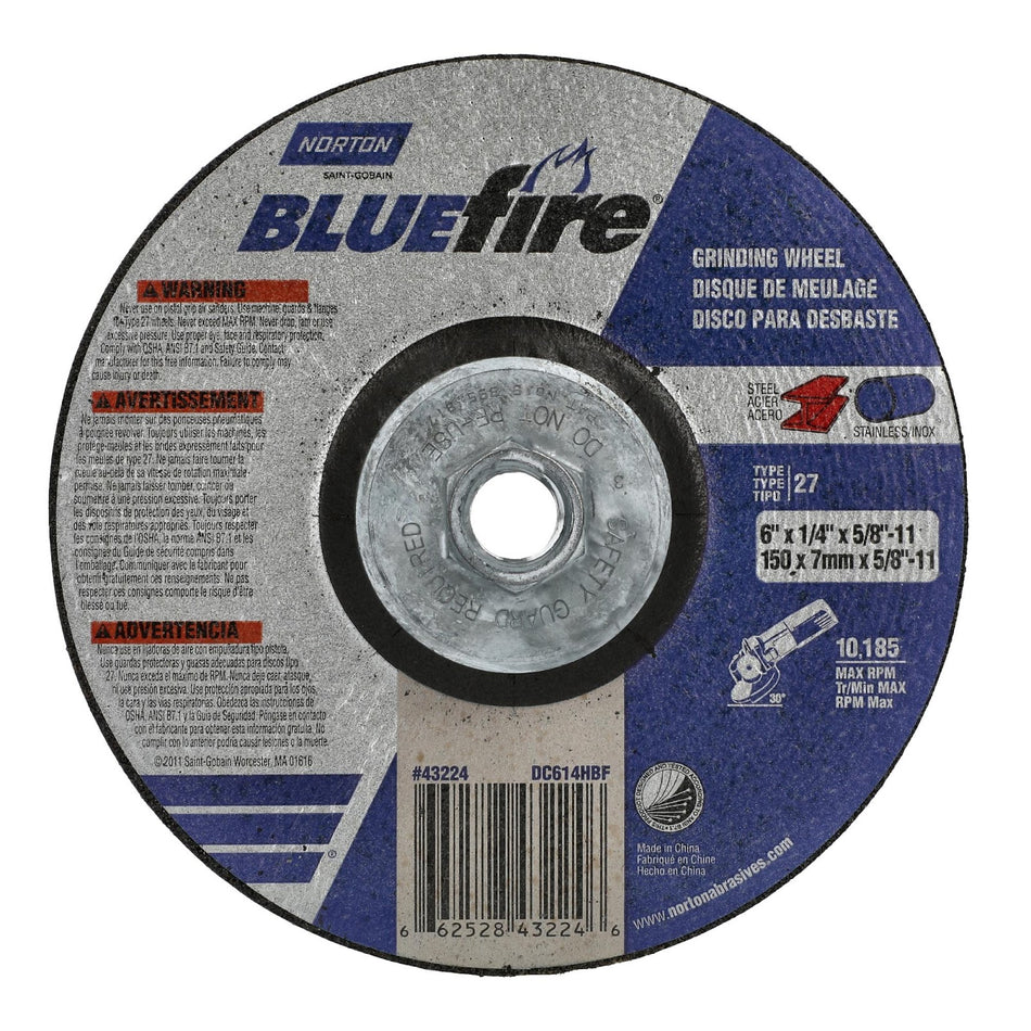 Norton 6 in x 1/4 in x 5/8 in-11 BlueFire Type 27 Grinding Wheel ZA 24 Grit S, 10-Pack