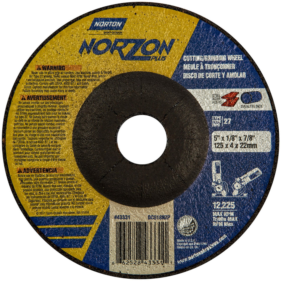 Norton 5 x 1/8 x 7/8 in NorZon Plus Type 27 Grinding Wheel CA 24 Grit S, 25-Pack