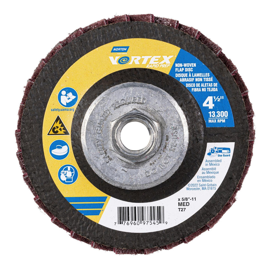 Norton 4-1/2 in Vortex Rapid Prep Fiberglass Non-Woven Flat Flap Disc Arbor Thread Type 27 Medium Grit Aluminum Oxide, 10-Pack