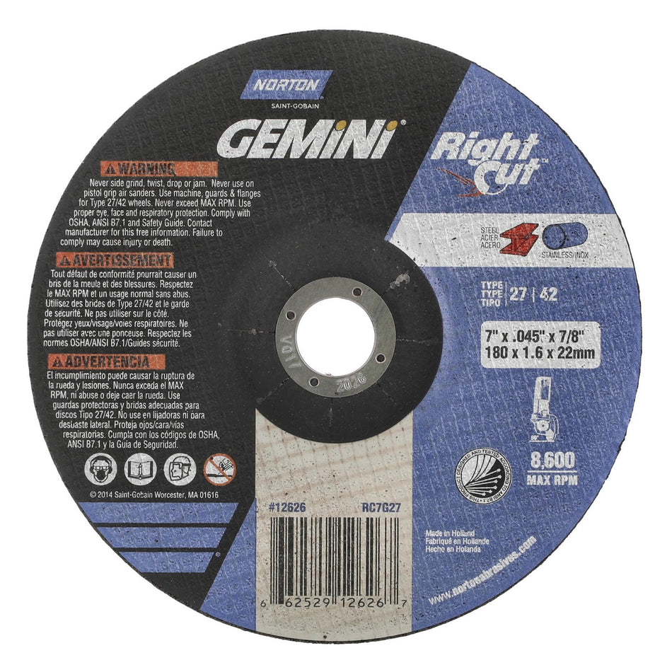 Norton 7 x 0.045 x 7/8 in Gemini Type 42 Cut-Off Wheel AO 36 Grit R, 20-Pack