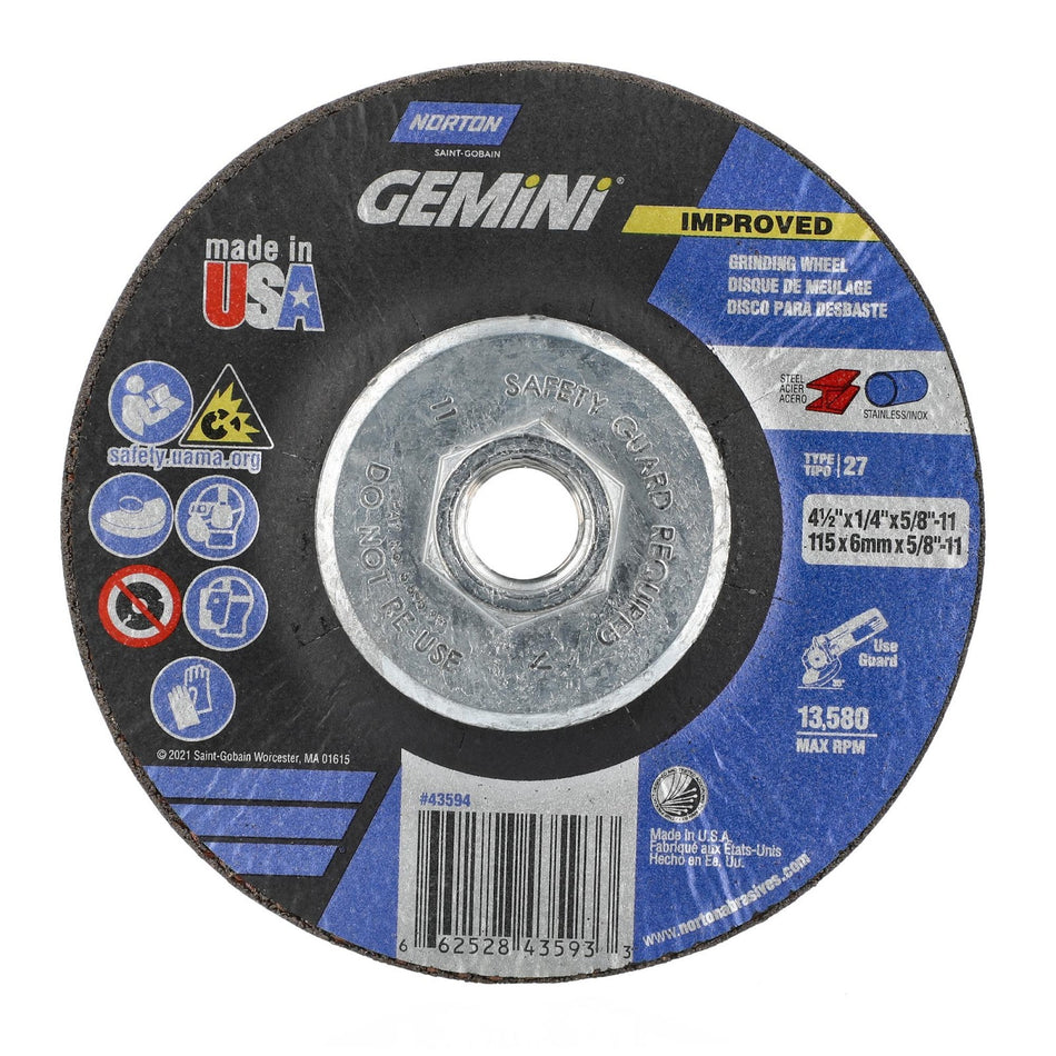 Norton 4-1/2 x 1/4 in Gemini Type 27 Grinding Wheel AO 24 Grit T B, 10-Pack
