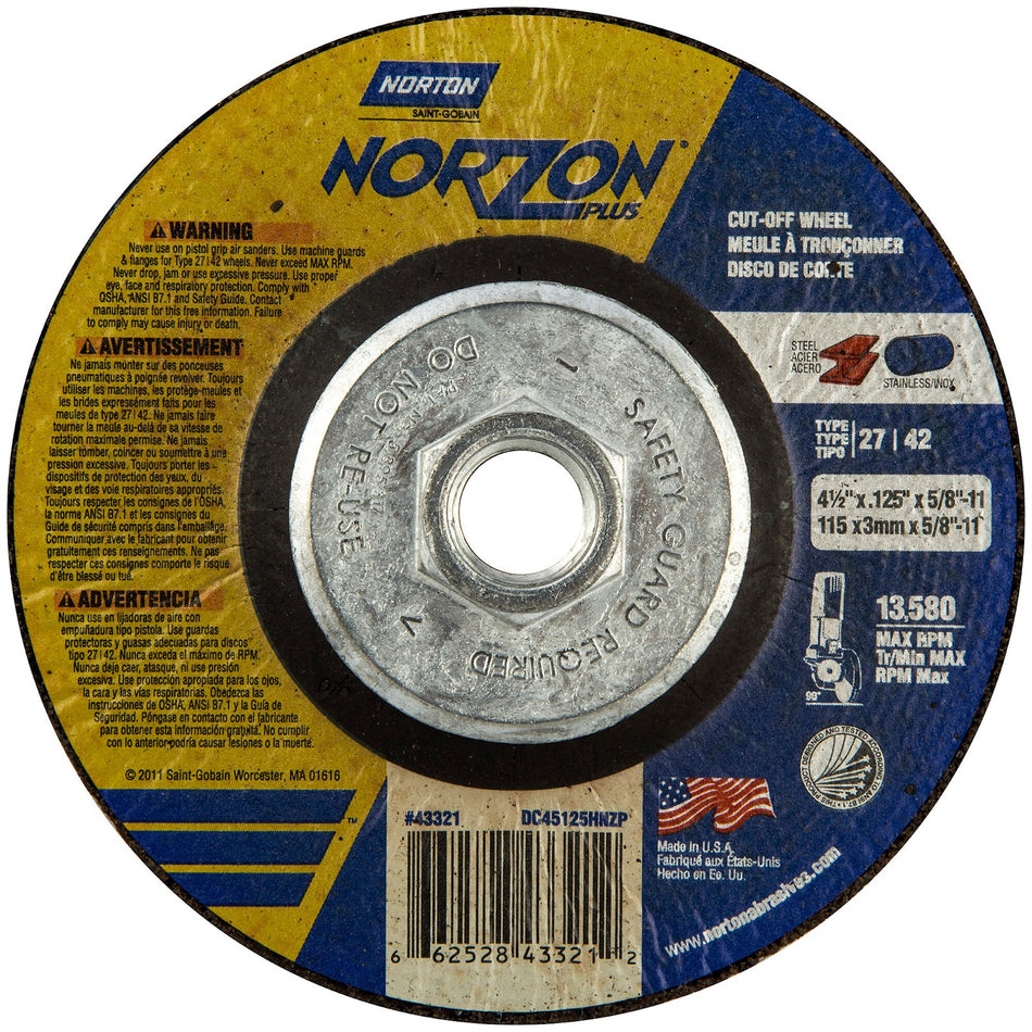 Norton 4-1/2 in x 0.125 in x 5/8 in-11 NorZon Plus Type 42 Cut-Off Wheel CA 24 Grit S, 10-Pack