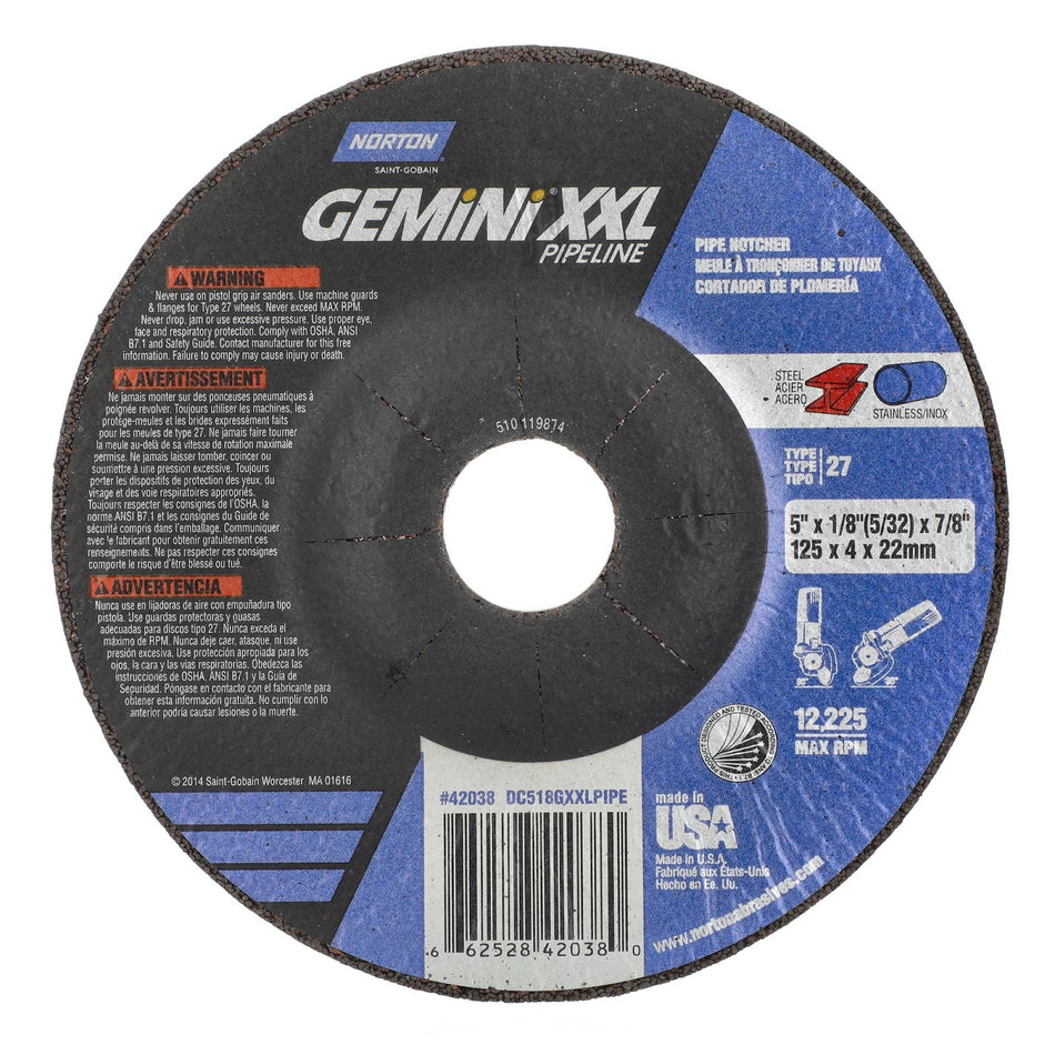 Norton 5 x 1/8 x 7/8 in Gemini XXL Type 27 Grinding Wheel AO 30 Grit V, 25-Pack