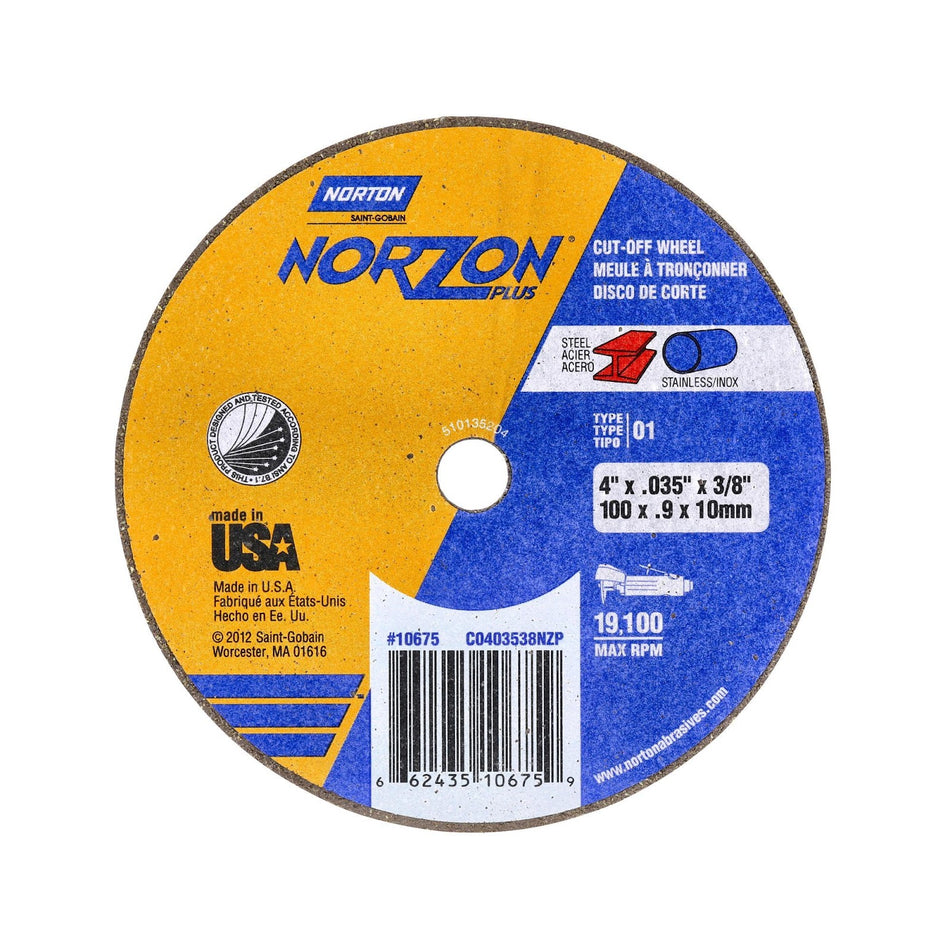 Norton 4 x 0.035 in NorZon Plus Type 41 Cut-Off Wheel CA 60 Grit T, 25-Pack