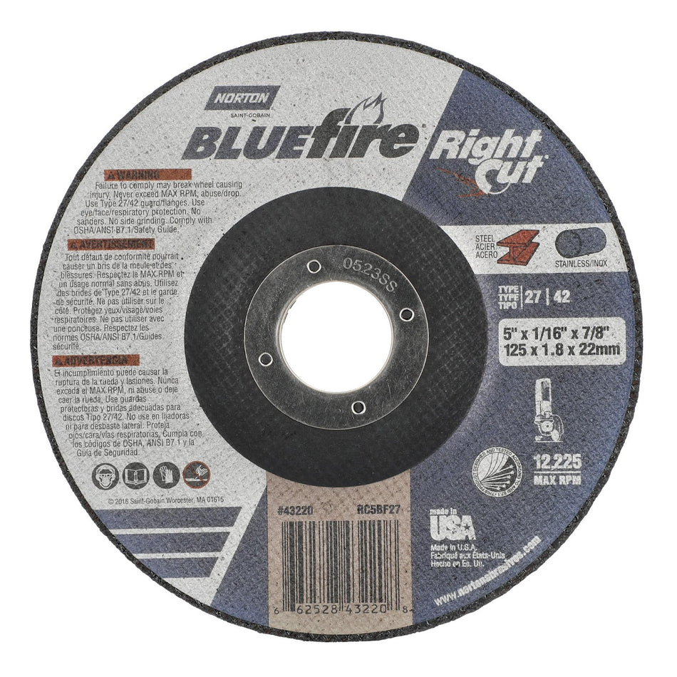 Norton 5 x 1/16 x 7/8 in BlueFire Type 42 Cut-Off Wheel AO 36 Grit Q, 25-Pack