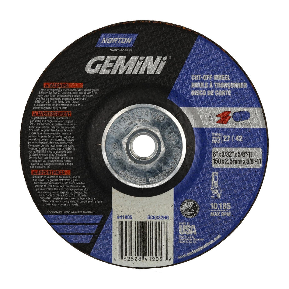 Norton 6 in x 3/32 in x 5/8 in-11 Gemini Type 42 Cut-Off Wheel AO 30 Grit Q, 10-Pack