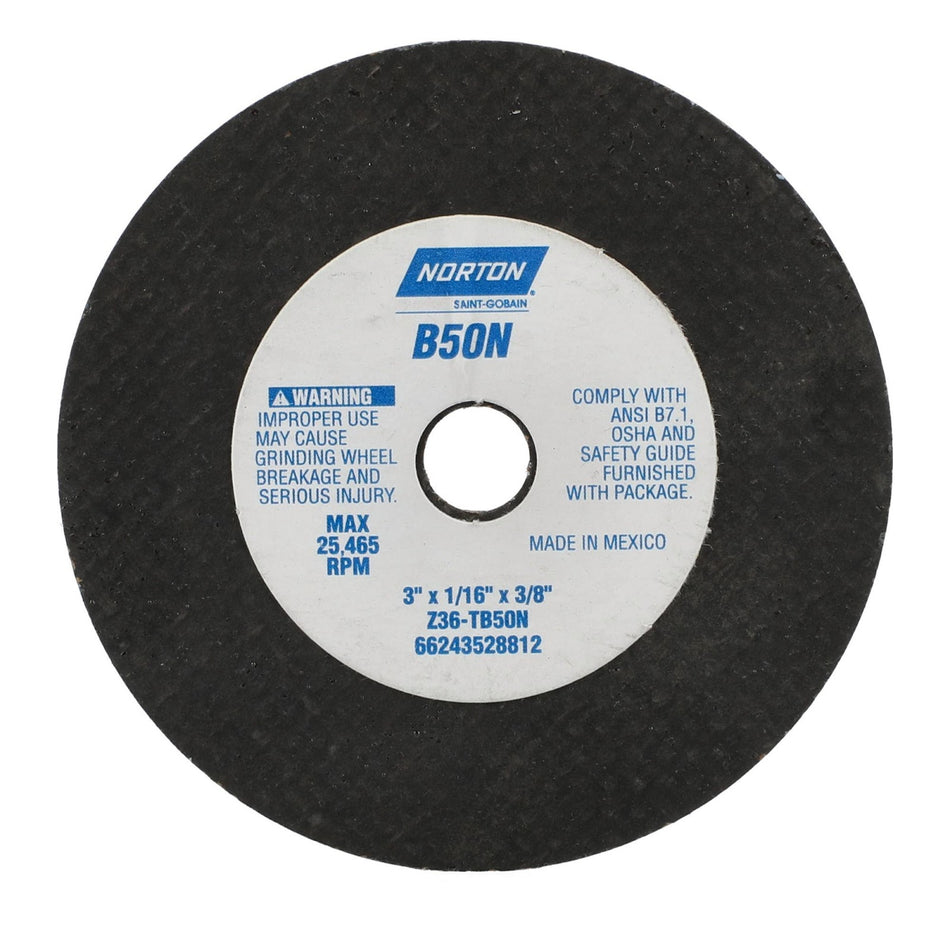 Norton 3 x 1/16 x 3/8 in NorZon Plus Type 01 Reinforced Cut-Off Wheel CA 36 Grit T BNA, 25-Pack