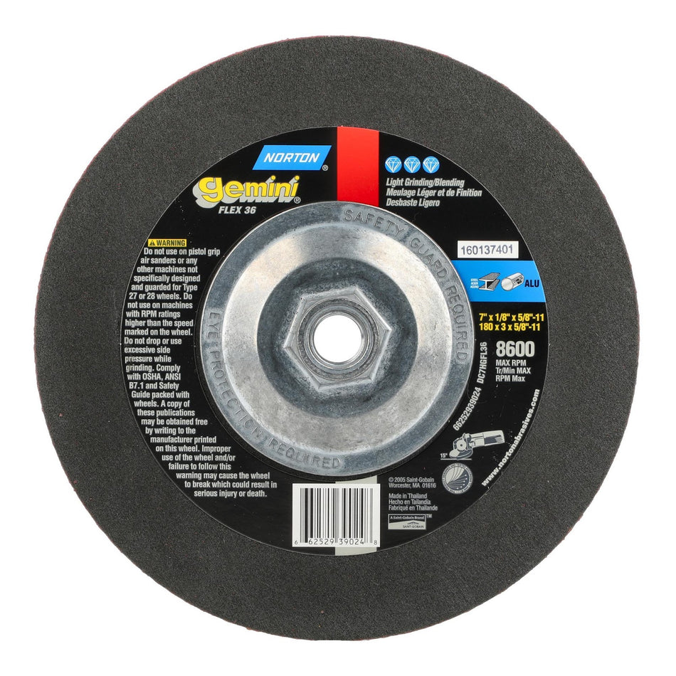 Norton 7 in x 1/8 in x 5/8 in-11 Gemini Type 27 Grinding Wheel AO 36 Grit P, 10-Pack