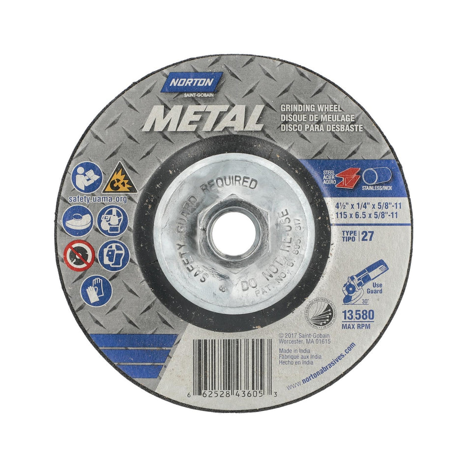 Norton 4-1/2 in x 1/4 in x 5/8 in-11 Metal Type 27 Grinding Wheel AO 24 Grit Q B, 10-Pack