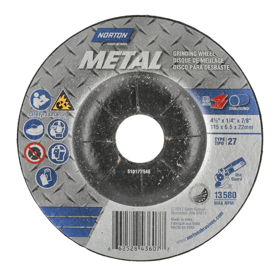 Norton 4-1/2 x 1/4 x 7/8 in Metal Type 27 Grinding Wheel AO 24 Grit Q B, 25-Pack