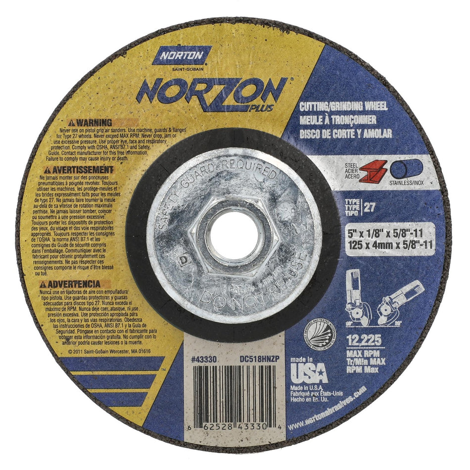 Norton 5 in x 1/8 in x 5/8 in-11 NorZon Plus Type 27 Grinding Wheel CA 24 Grit S, 10-Pack