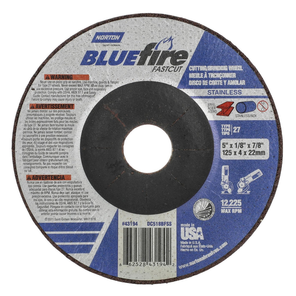 Norton 5 x 1/8 x 7/8 in BlueFire Type 27 Grinding Wheel ZA 30 Grit U, 25-Pack