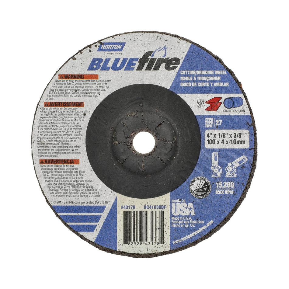 Norton 4 x 1/8 x 3/8 in BlueFire Type 27 Grinding Wheel ZA 30 Grit U, 25-Pack