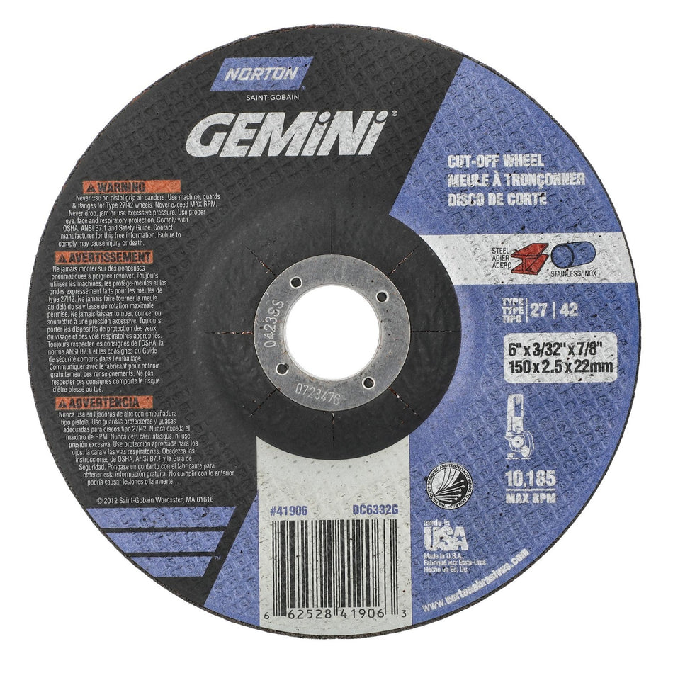 Norton 6 x 3/32 x 7/8 in Gemini Type 42 Cut-Off Wheel AO 30 Grit R, 25-Pack