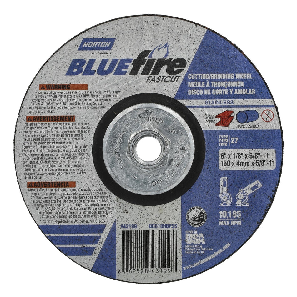 Norton 6 in x 1/8 in x 5/8 in-11 BlueFire Type 27 Grinding Wheel ZA 30 Grit U, 10-Pack