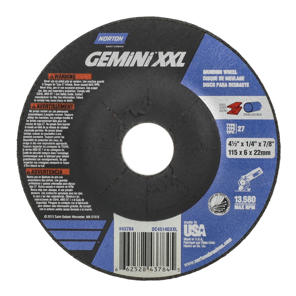 Norton 4-1/2 x 1/4 in Gemini Type 27 Grinding Wheel AO 24 Grit S, 25-Pack