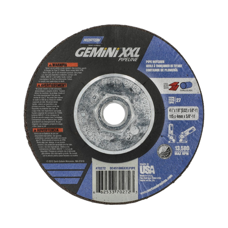Norton 4-1/2 in x 1/8 in x 5/8 in-11 Gemini XXL Type 27 Grinding Wheel AO 30 Grit V, 10-Pack