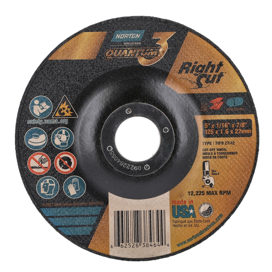 Norton 5 x 1/16 x 7/8 in Quantum3 Type 42 Cut-Off Wheel CA 36 Grit V, 25-Pack