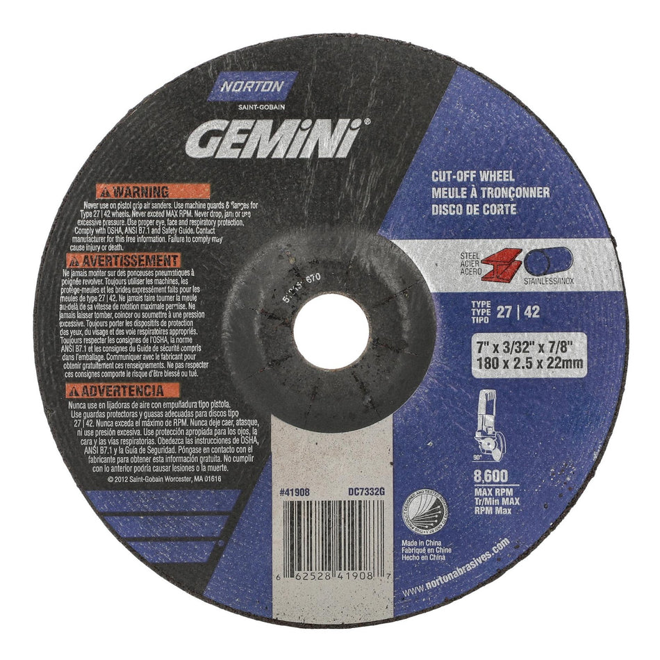 Norton 7 x 3/32 x 7/8 in Gemini Type 42 Cut-Off Wheel AO 24 Grit V, 20-Pack
