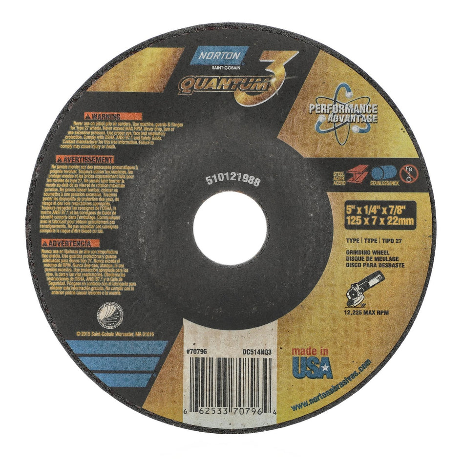 Norton 5 x 1/4 x 7/8 in Quantum3 Type 27 Grinding Wheel CA 20 Grit P, 25-Pack