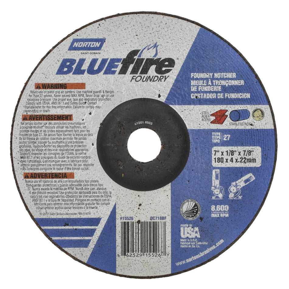 Norton 7 x 1/8 in BlueFire Type 27 Grinding Wheel ZA/SC 24 Grit T, 20-Pack