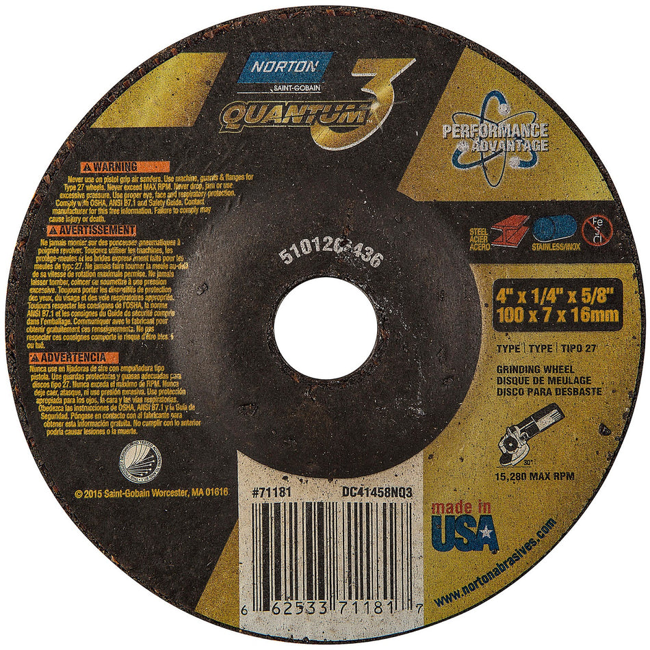 Norton 4 x 1/4 x 5/8 in Quantum3 Type 27 Grinding Wheel CA 20 Grit S, 25-Pack
