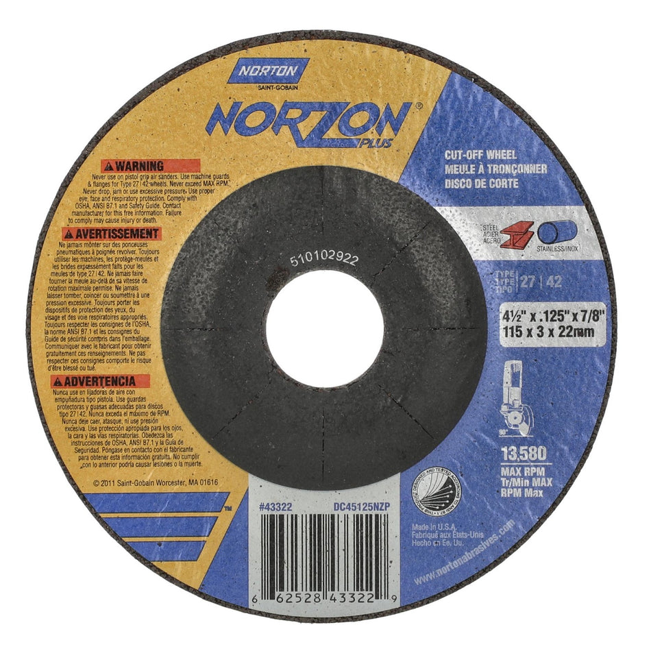Norton 4-1/2 x 0.125 x 7/8 in NorZon Plus Type 42 Cut-Off Wheel CA 24 Grit S, 25-Pack