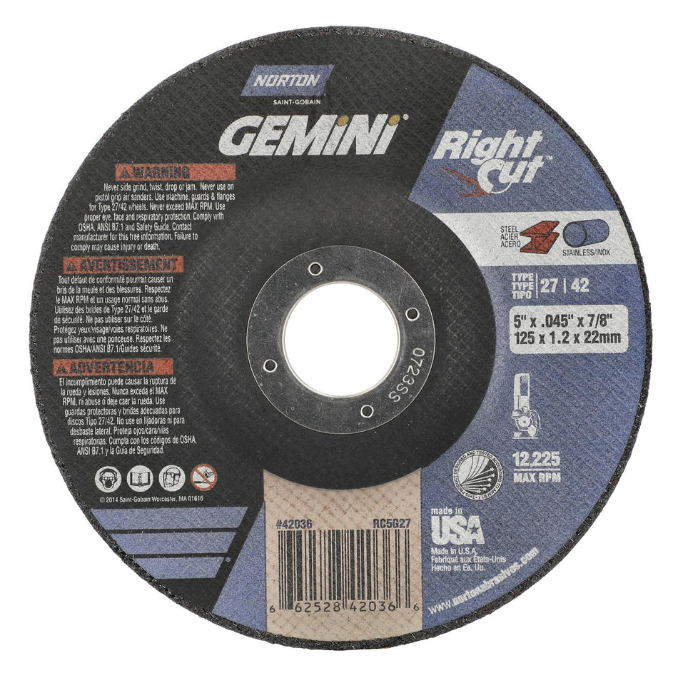 Norton 5 x 0.045 x 7/8 in Gemini Type 42 Cut-Off Wheel AO 46 Grit Q, 25-Pack