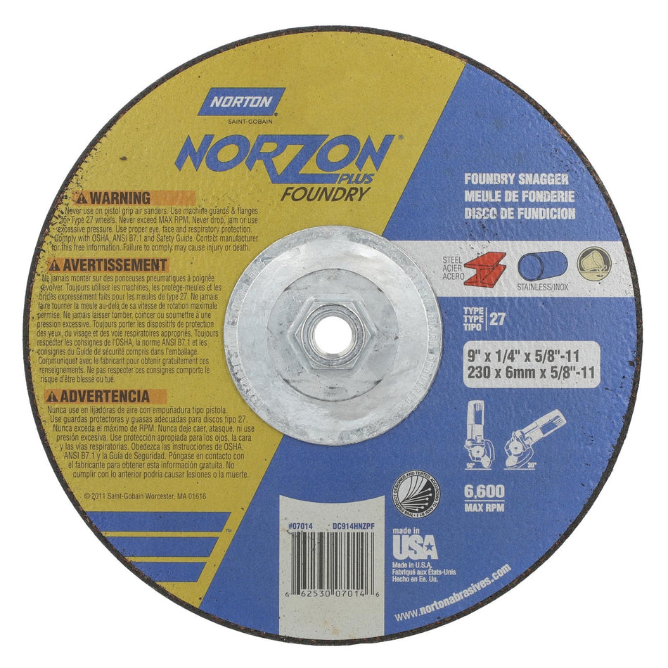 Norton 9 in x 1/8 in x 5/8 in-11 NorZon Plus Type 27 Grinding Wheel CA 24 Grit U, 10-Pack
