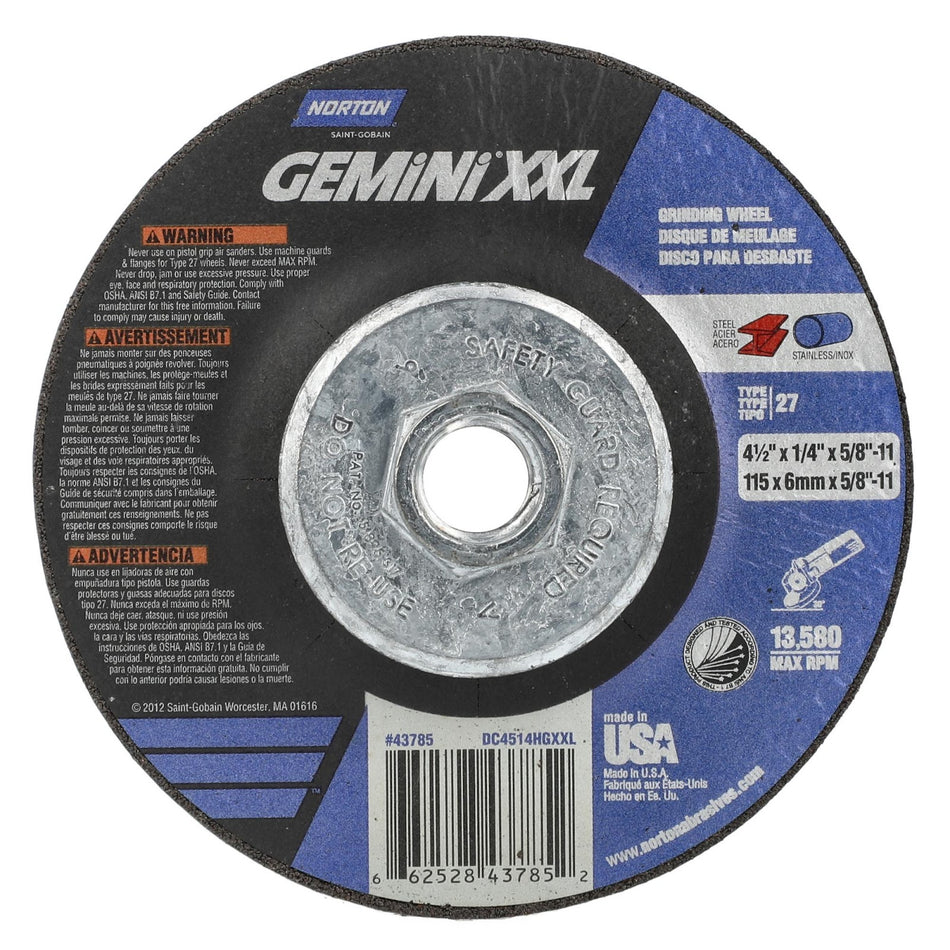 Norton 4-1/2 in x 1/4 in x 5/8 in-11 Gemini XXL Type 27 Grinding Wheel AO 24 Grit S, 10-Pack