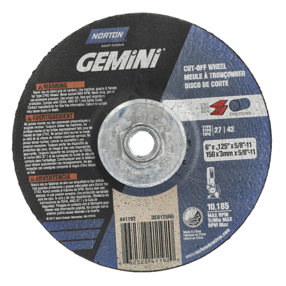 Norton 6 in x 0.125 in x 5/8 in-11 Gemini Type 42 Cut-Off Wheel AO 30 Grit V, 10-Pack