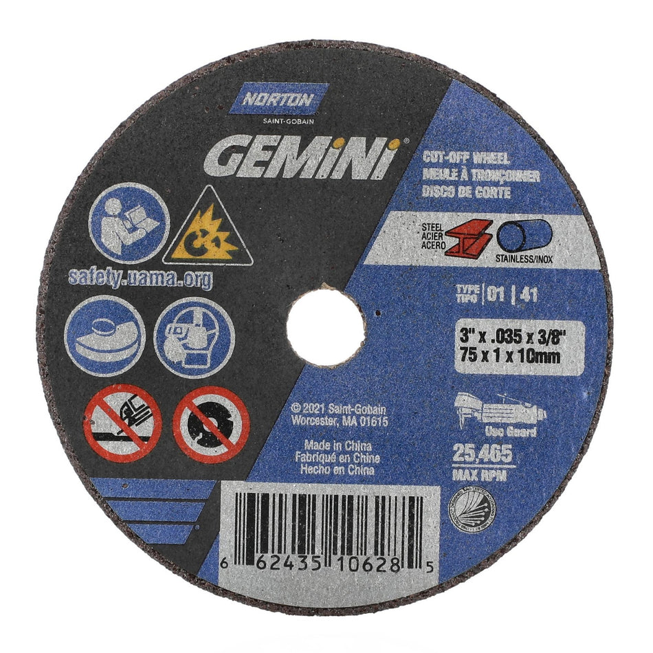 Norton 3 x 0.035 in Gemini Type 41 Cut-Off Wheel AO 60 Grit O, 25-Pack