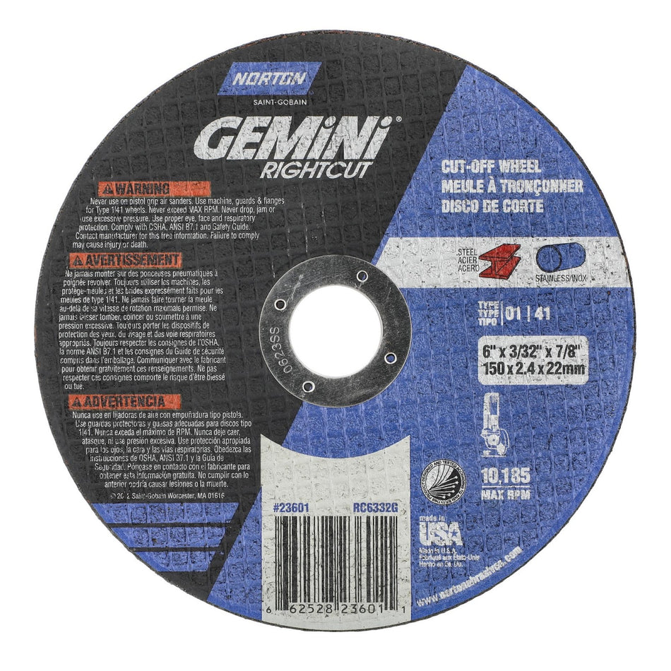 Norton 6 x 3/32 x 7/8 in Gemini Type 41 Cut-Off Wheel AO 46 Grit Q, 25-Pack