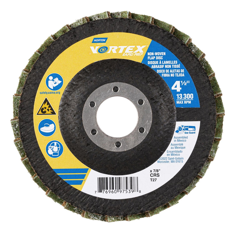 Norton 4-1/2 x 7/8 in Vortex Rapid Prep Fiberglass Non-Woven Flat Flap Disc Center Mount Type 27 Coarse Grit Aluminum Oxide, 10-Pack