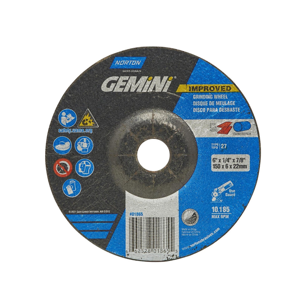 Norton 6 x 1/4 x 7/8 in Gemini Type 27 Grinding Wheel AO 24 Grit T, 20-Pack