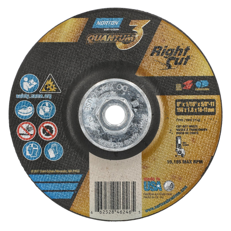 Norton 6 x 1/16 in Quantum3 Type 42 Cut-Off Wheel CA 36 Grit V, 10-Pack