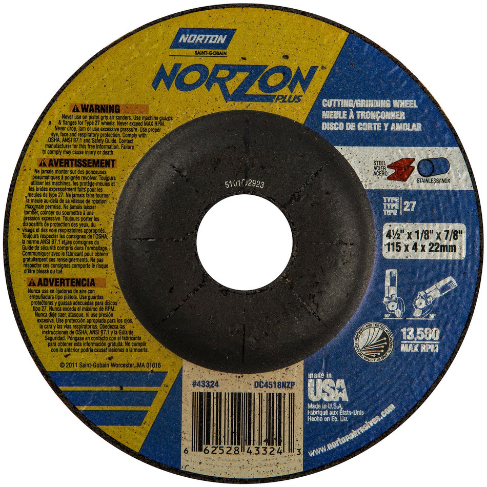 Norton 4-1/2 x 1/8 x 7/8 in NorZon Plus Type 27 Grinding Wheel CA 24 Grit S, 25-Pack
