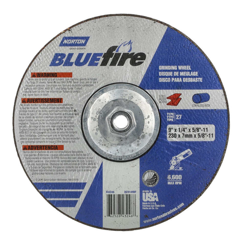 Norton 9 in x 1/4 in x 5/8 in-11 BlueFire Type 27 Grinding Wheel ZA 24 Grit S, 10-Pack