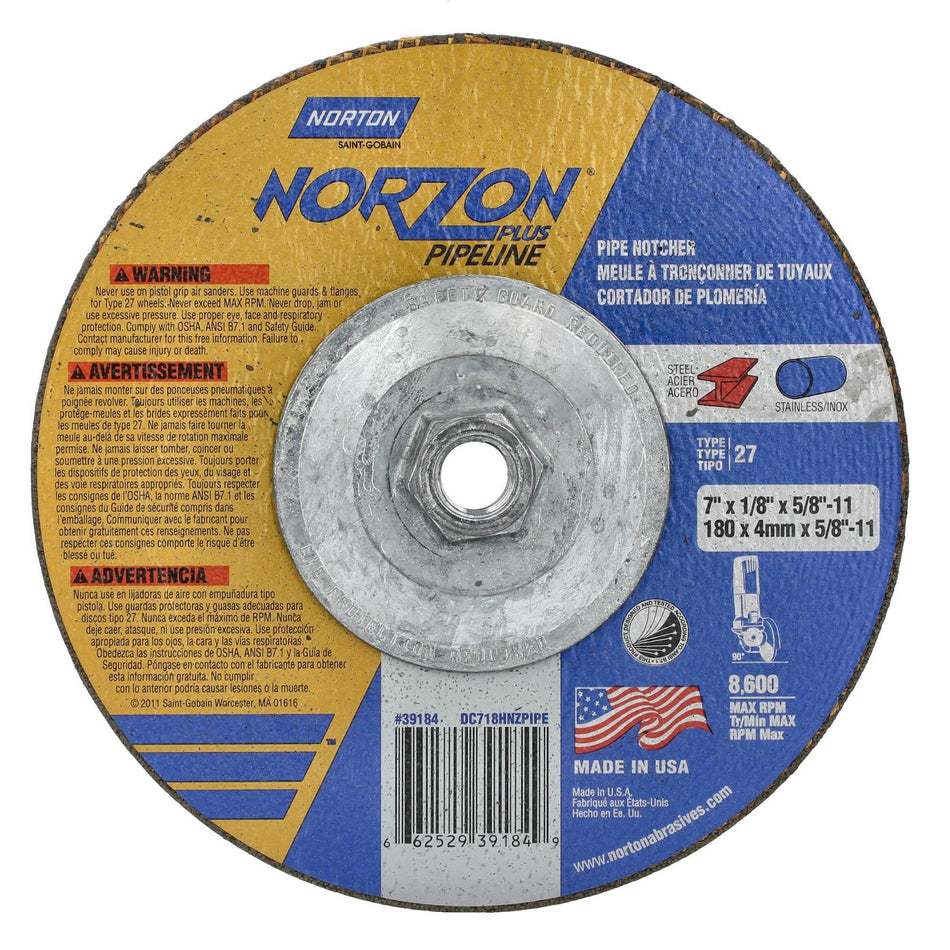Norton 7 in x 1/8 in x 5/8 in-11 NorZon Plus Type 42 Cut-Off Wheel CA 30 Grit Z, 10-Pack