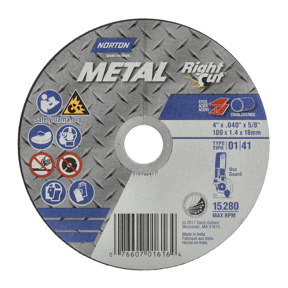 Norton 4 x 0.04 x 5/8 in Metal Type 41 Cut-Off Wheel AO 60 Grit Q B, 25-Pack
