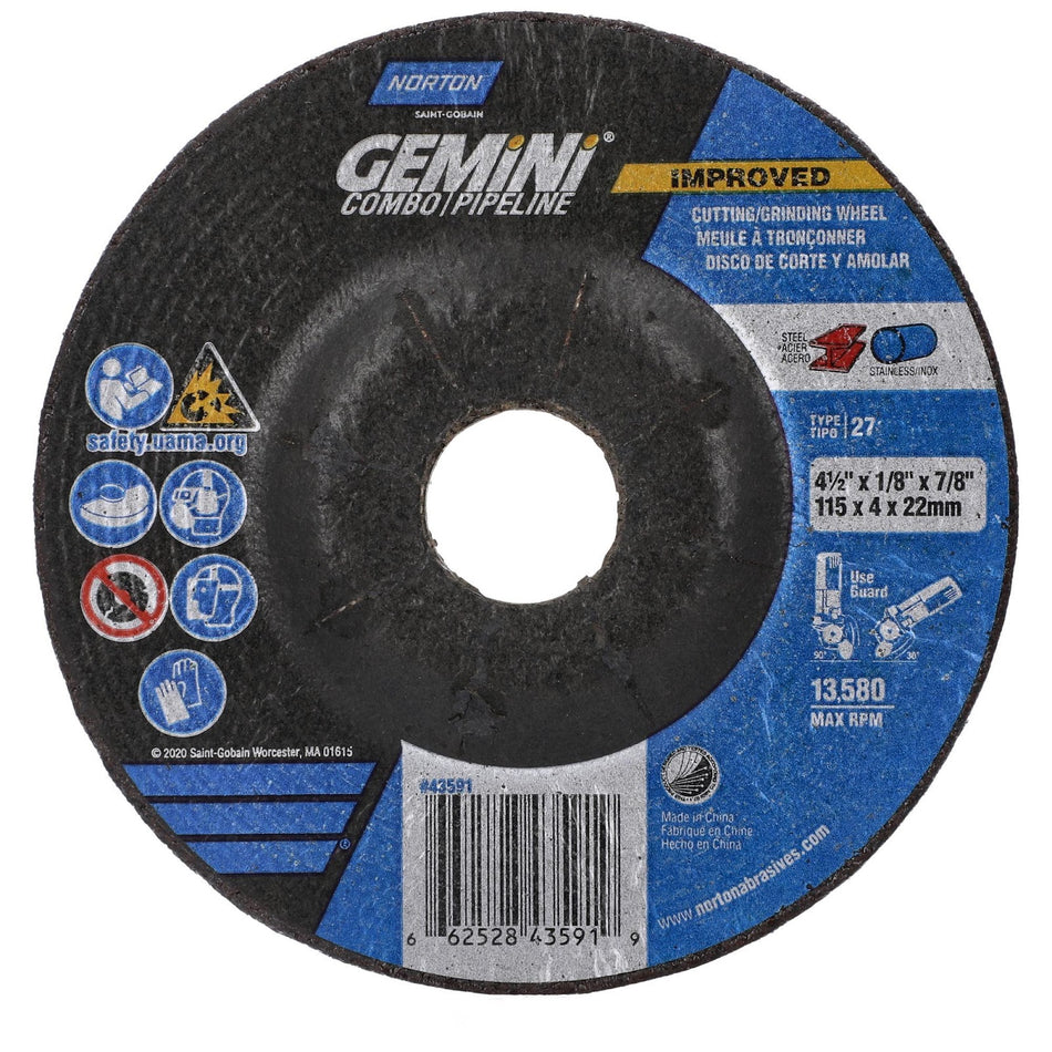 Norton 4-1/2 x 1/8 in Gemini Type 27 Grinding Wheel AO 24 Grit T, 25-Pack