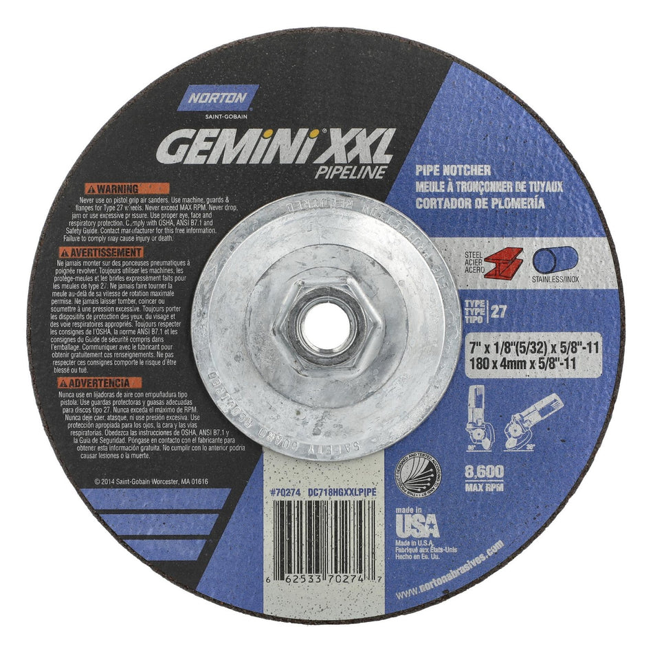 Norton 7 in x 1/8 in x 5/8 in-11 Gemini XXL Type 27 Grinding Wheel AO 30 Grit V, 10-Pack