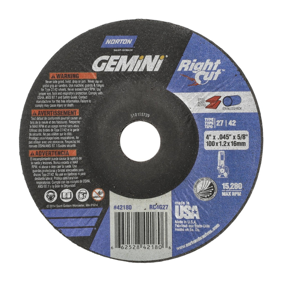 Norton 4 x 0.045 x 5/8 in Gemini Type 42 Cut-Off Wheel AO 46 Grit R, 25-Pack