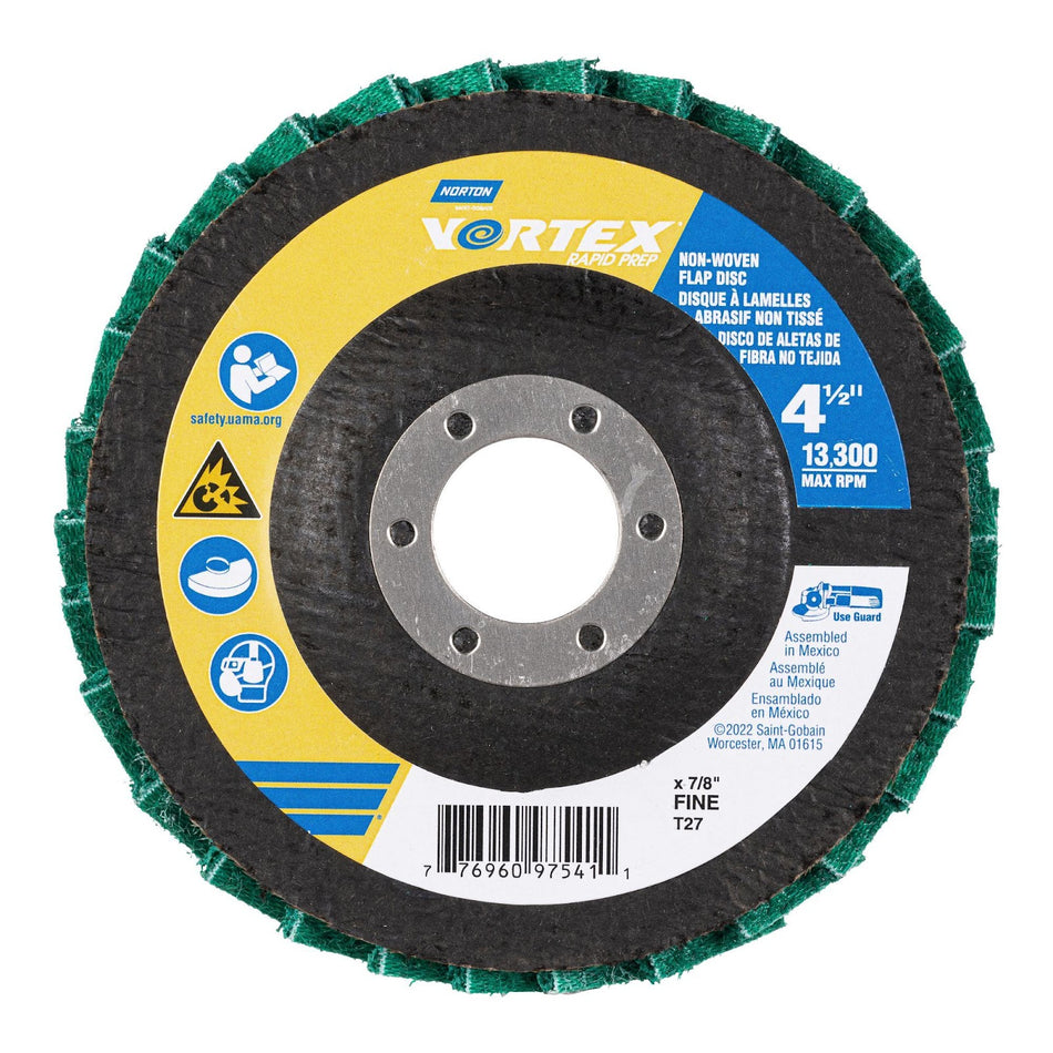 Norton 4-1/2 x 7/8 in Vortex Rapid Prep Fiberglass Non-Woven Flat Flap Disc Center Mount Type 27 Fine Grit Aluminum Oxide, 10-Pack