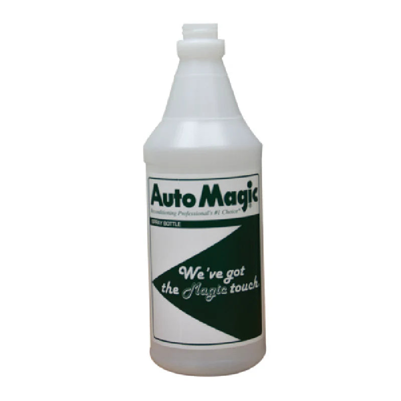 White plastic safety bottle with a green and black label that reads 'AutoMagic' and has measurement markings on it.