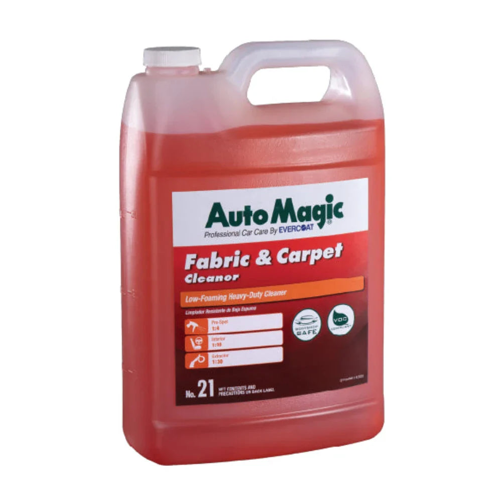 A red plastic container of AutoMagic Fabric & Carpet Cleaner with product details and branding visible.